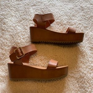 Soda wood heel platform sandals, tan, size 8.5